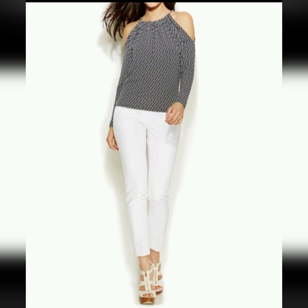 Michael Kors Black/White Heri-Print Silver Chain Cold Shoulder, Long Sleeve NWOT